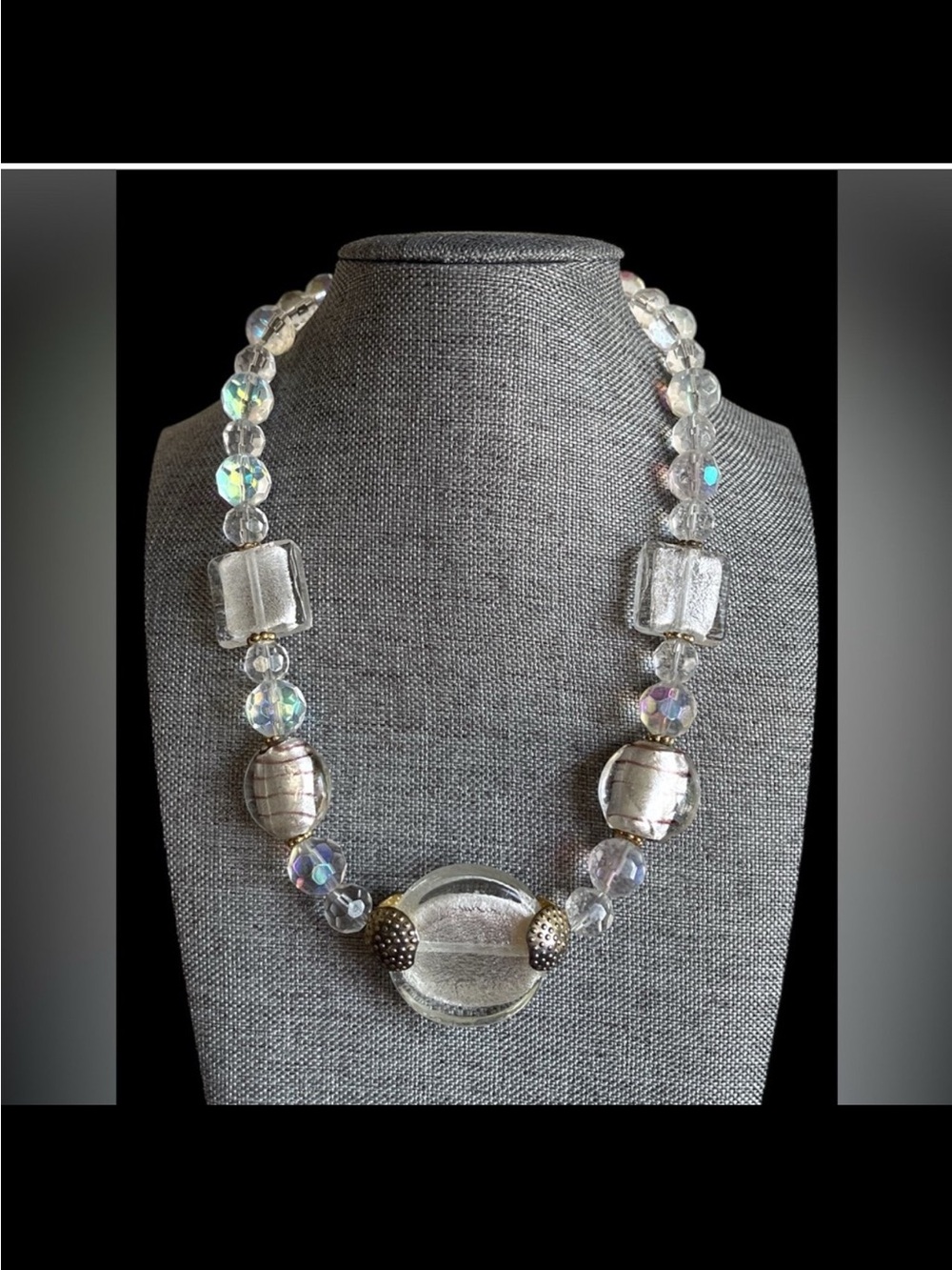 White Foil Glass & AB Aurora Borealis Faceted Beaded Necklace 16”